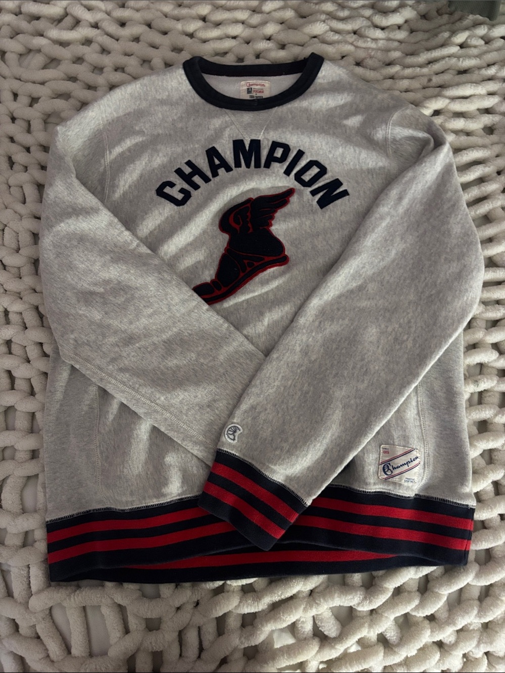 Vintage Champion Gray Crewneck Sweatshirt with Navy & Red Trim